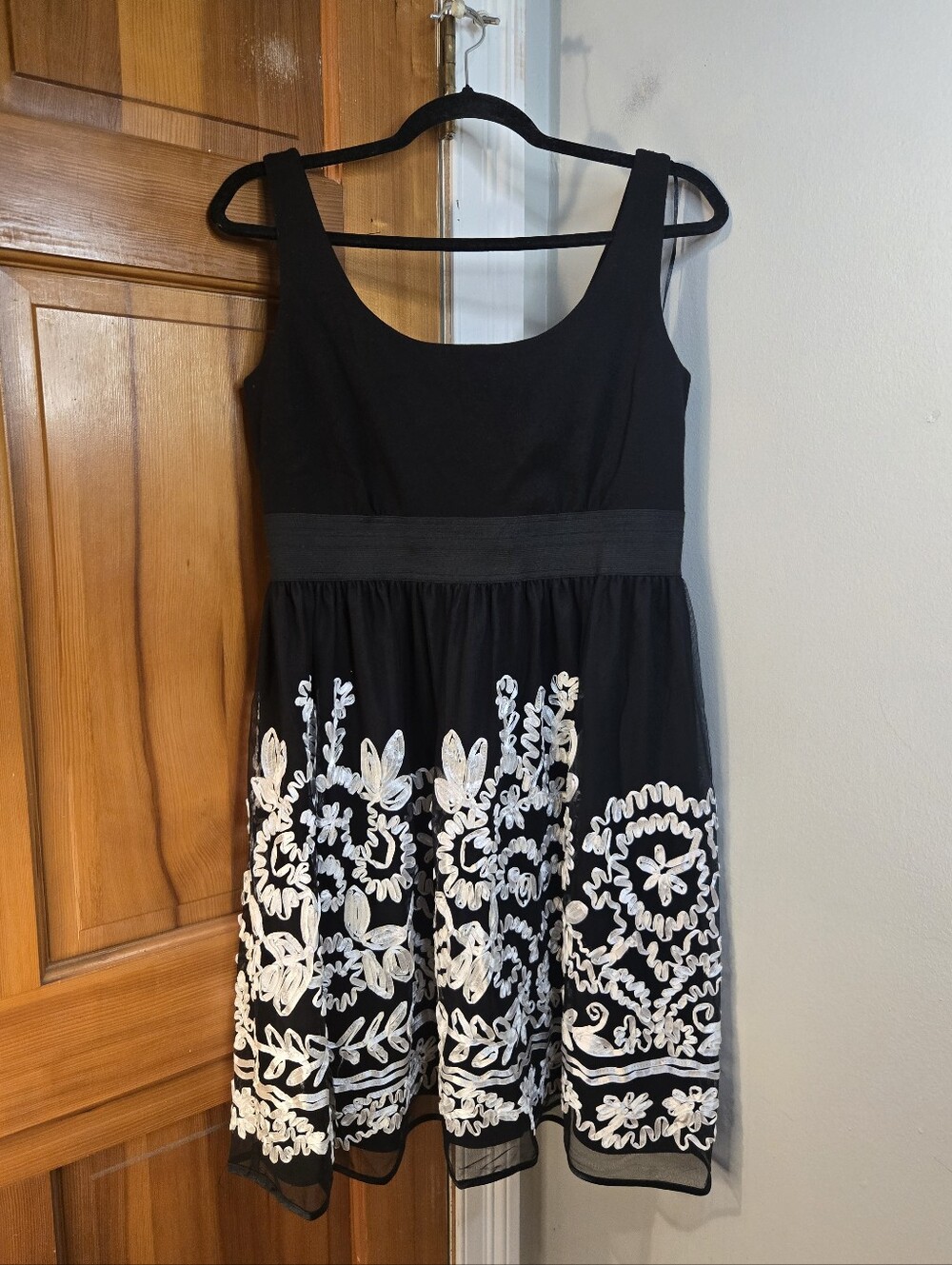 R&M Richards Black Mini Dress with White Embroidery